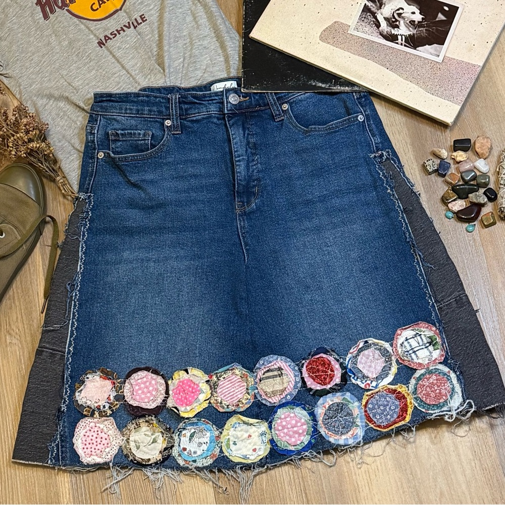 Upcycled Patchwork Denim A-Line Skirt: Boho Raw Appliqué, Size 10